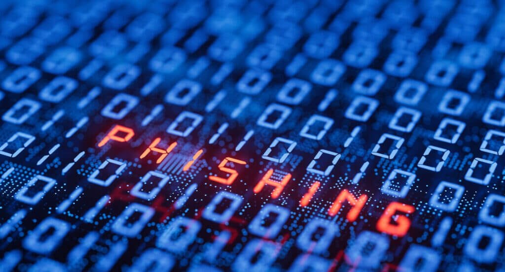 The word Phishing spelled out in a series of code.