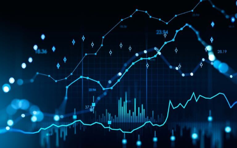 Graphs and charts displayed virtually on a black background.