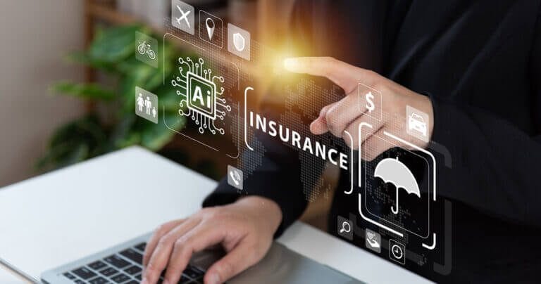 Woman touching screen with AI and insurance icons displayed.