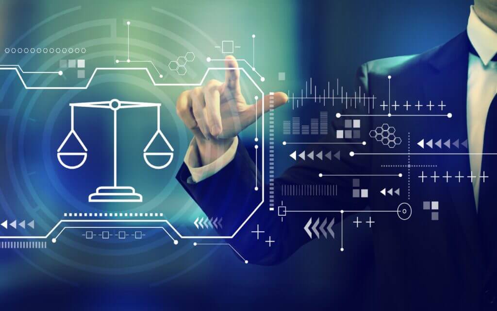 Man touching virtual screen with legal graphics.