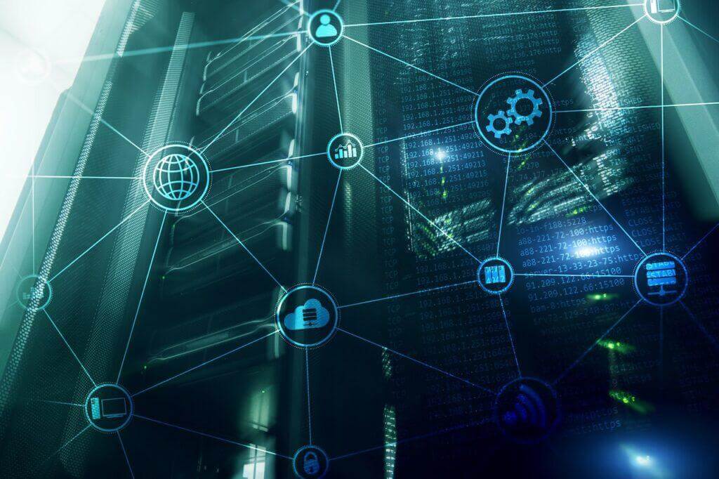 Digital icons represented in front of server closets.