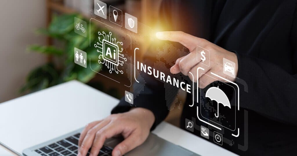 Woman touching screen with AI and insurance icons displayed.