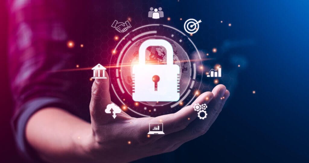 Hand holding digital lock surrounded by icons.