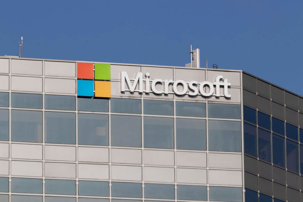 Microsoft buliding with view of the logo.