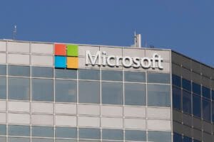 Microsoft buliding with view of the logo.