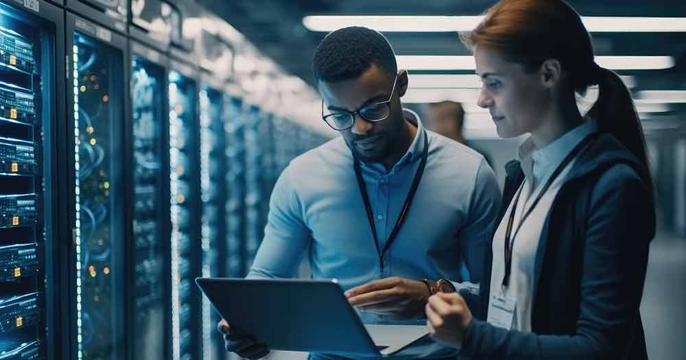 Employees reviewing ipad in an IT environment.